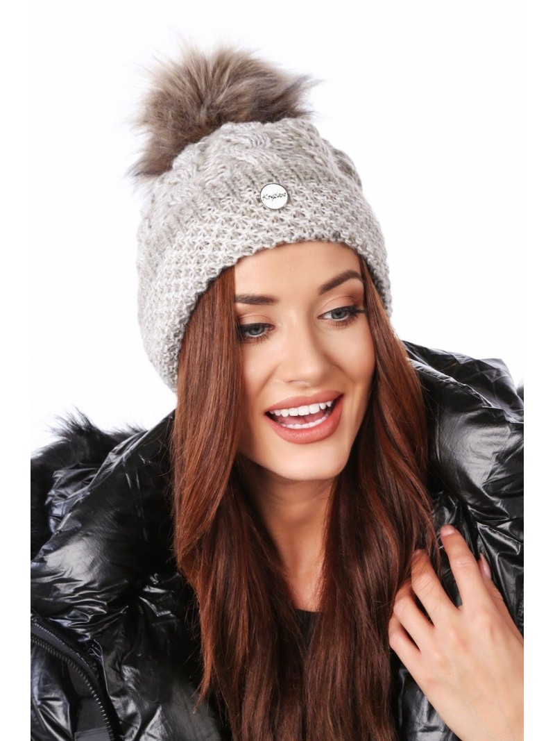 Braided winter hat with a pompom, beige C47 - Online store - Boutique